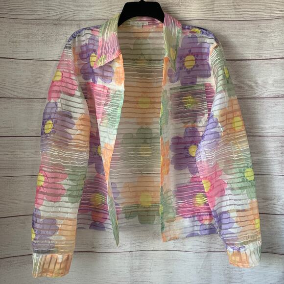 Erin London Pastel Floral Sheer Textured Button Down Jacket Spring Shirt Size L - Picture 2 of 16